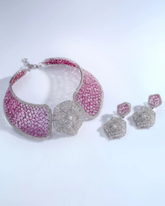 Luxury Pink Sapphire and Diamond <b>Statement</b> <b>Necklace</b> & Earrings Set in White Gold - Product Image 1