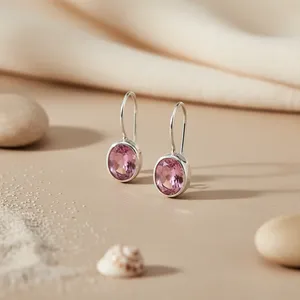 Boucles d'oreilles pendantes en perles d'eau douce argentées et roses pour femmes avec plaqué or, motif émeraude et fleur, pierres précieuses - Product Image 2