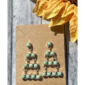Sam Arviso Navajo Handmade Kingman Turquoise & Sterling Silver Drop <b>Earrings</b> Geometric <b>Post</b> Dangle Design - Product Image 1