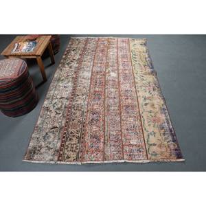 Vintage Turkish <b>Rug</b> 4.4 X 7.3ft <b>Large</b> Area Red Beige Wool Patchwork Design for Hallway <b>Bedroom</b> Rectangular Shape Latex Backing - Product Image 1