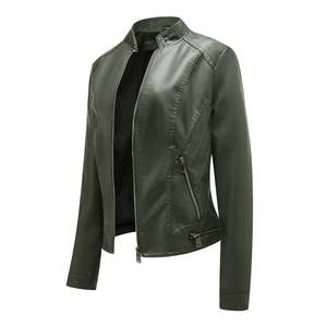 Veste courte en cuir PU vert en peau de mouton véritable pour femme avec design en relief veste en duvet de style moto pour dames - Product Image 5