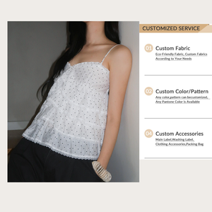 Camisola de chifón con lunares y volantes para mujer, diseño estético coqueto con ribete de encaje, ideal para uso casual de verano. - Product Image 2