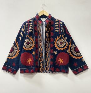 <b>Women's</b> Beautiful 100% Cotton <b>Velvet</b> Bomber Suzani <b>Jacket</b> with Floral Embroidery for Party Wear - Product Image 1