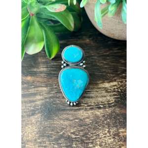 Tim Smith Kingman Turquoise & Sterling <b>Silver</b> <b>Statement</b> <b>Ring</b> Bezel Set with Natural Stone and Pearl Size 8 Everyday Wear - Product Image 1