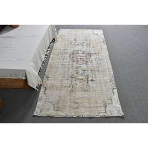 พรมตุรกีโบราณคลาสสิกสีเบจ3.4x7.2ฟุตพื้นที่ขนาดใหญ่ผ้าขนสัตว์ด้านหลังเป็นนามธรรมสี่เหลี่ยมพรมสำหรับห้องดีไซน์โถงทางเดิน - Product Image 1