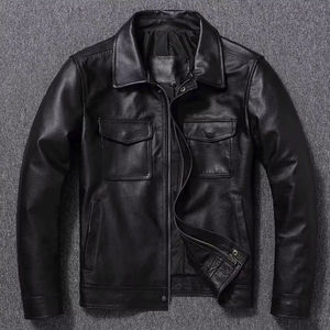 Veste en cuir d'hiver pour homme en cuir de vache véritable enduit de haute qualité, col montant, style vintage, imperméable, écologique, plus devant - Product Image 1