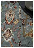 Tapis persan bleu surteinté - Style Ziegler vintage noué à la main, en laine/soie écologique avec support en latex, motif géométrique, 1 pièce