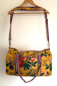 กระเป๋าเดินทาง/กระเป๋าออกกำลังกาย/กระเป๋าโยคะ ผ้าฝ้ายพิมพ์ลายบล็อก ทำมือ ทนทาน หรูหรา ซับในสีเหลืองม่วง ปิดด้วยซิป - Product Image 3