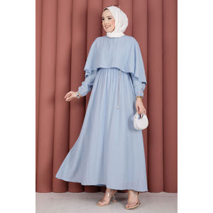 Robe d'été bleu ciel à col cape, taille élastiquée, motif floral, respirante, style vintage, en spandex, grande taille XL, idéale pour les journées décontractées, la plage et les vacances. - Product Image 3