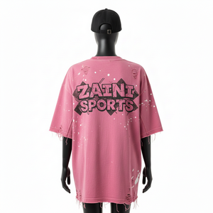 Women Oversize Tshirt Premium 240 GSM Cotton Jersey Soft Acid Wash Pink <b>Distressed</b> Screen Print Custom Logo Women Cotton T-Shirt - Product Image 2
