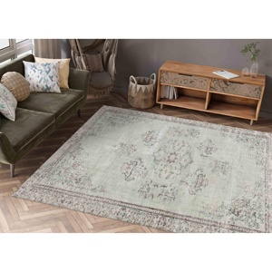 Green Turkish <b>Rug</b>: Muted Antique Decor, Hallway Accent <b>Rug</b>,<b>Chenille</b> <b>Rug</b> - Product Image 2
