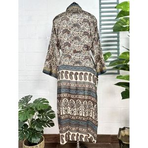 Boho Vintage Silk Sari Dressing Gown Recycled <b>Robe</b> Kimono <b>Beach</b> Coverup Beige Brown Bridesmaid Anniversary Swimsuit Cover Ups - Product Image 6