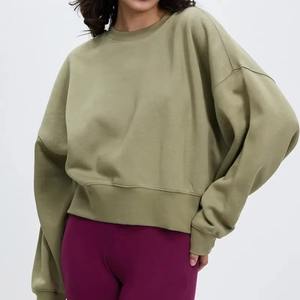 Sudadera corta con hombros descubiertos y cuello redondo de felpa francesa de alta calidad, sudadera básica personalizable de algodón de talla grande para mujer - Product Image 1
