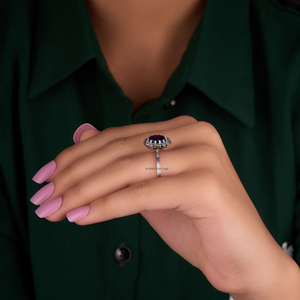 แหวนหมั้นเพชรรูปวงรีสีน้ำเงินประดับเพชรโมอิสฮาโลสีเงินโมอิสฮาโลเจนวงแหวนแต่งงานแซฟไฟร์โมนิสเตอร์ลิง - Product Image 2