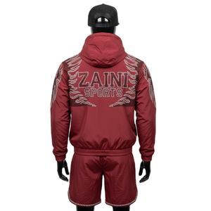 Conjunto Corto de Chaqueta Cortavientos para Hombre, Tela de Poliéster, Color Rojo Vino, Ligero, Transpirable, con Pedrería, Logotipo Personalizado, Talla Grande - Product Image 2