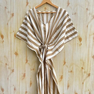 ชุดเดรสคาฟตันผ้าฝ้ายสีเบจสีขาวลายทางผ้าคอตตอนชุดเดรสคาฟตันชุดเดรสยาวชุดเดรสคาฟตันสำหรับเป็นของขวัญ - Product Image 1