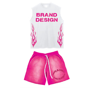 Conjuntos de camiseta sin mangas de dos piezas con borde crudo y pantalones cortos lavados con ácido, conjuntos de pantalones cortos y camisetas personalizados para hombre - Product Image 2