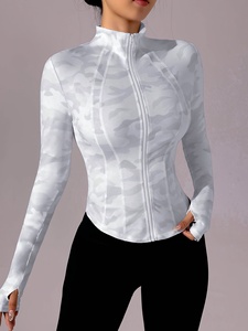 Black White Piping Breathable Women Yoga Jacket Slim Fit Long Sleeve <b>Mock</b> <b>Neck</b> Full Zip Front Logo Athletic Workout Gym Wear <b>Top</b> - Product Image 4