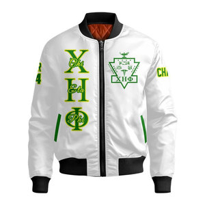 เสื้อแจ็คเก็ตบอมเบอร์สีขาวสำหรับผู้ชายของ Chi Eta Phi พร้อมตัวอักษรสีเขียวและโลโก้ ซิปด้านหน้า เสื้อคลุมกันลมลำลอง - Product Image 2