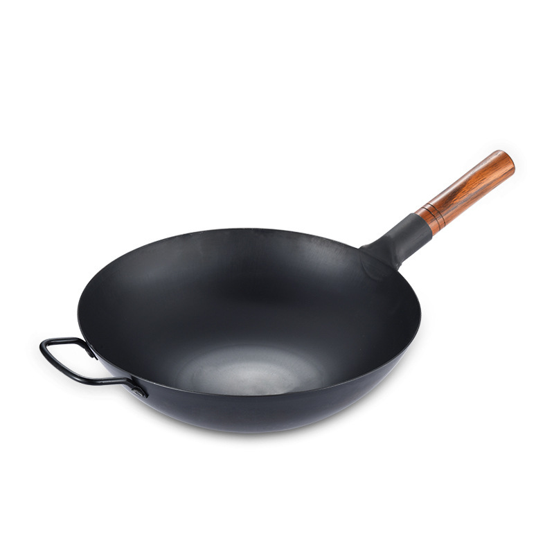 Wok Chino De Hierro Fundido Hecho A Mano - Diámetro 24 Cm, Con Tapa Y Mango De Madera, Antiadherente Natural, Apto Para Inducción