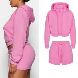 Ensemble décontracté pour femme : Sweat à capuche court en maille côtelée et short taille haute, couleur unie, extensible, respirant, écologique - Product Image 2