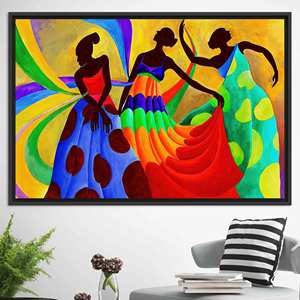 Impression sur toile de danseurs africains vibrants : art mural abstrait coloré, toile encadrée noire - Product Image 1