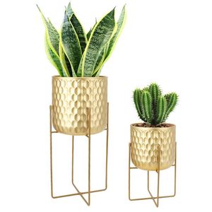 Luxury Textured Gold Metal Planter with Stand Modern Floor Flower <b>Pot</b> Premium Tabletop Desktop Plant <b>Holder</b> for Garden Patio - Product Image 1