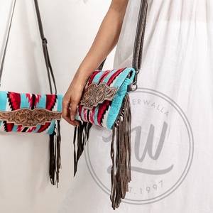 Sac à bandoulière à franges multicolores en cuir aztèque véritable usiné de style occidental Sac à main de couverture de selle usiné nouvelle arrivée vente chaude - Product Image 2