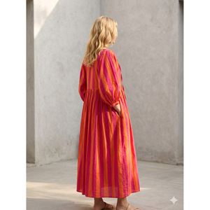 Robe longue bohème à rayures rouges, taille empire, respirante, style vintage, avec volants drapés, taille unique, idéale pour les occasions de jour au printemps - Product Image 2