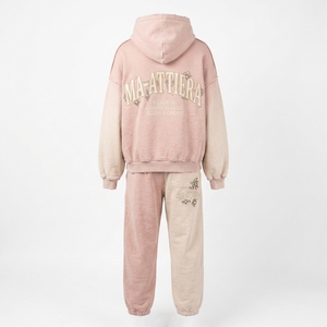 Conjunto de Sudadera con Capucha y Pantalones Deportivos para Mujer, Color Rosa Rubor, con Pedrería Bordada, de Algodón y Felpa, Estilo Oversize, Venta al Por Mayor OEM - Product Image 3