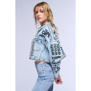 Blouson d'aviateur surdimensionné à fermeture éclair et à bord brut avec graphique brodé personnalisé Denim délavé vintage pour hommes femmes rempli de coton - Product Image 4