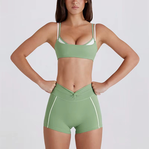 Ensembles de vêtements de sport et de yoga sur mesure en gros pour femmes, soutien-gorge de sport à dos croisé, shorts, effet push-up, taille élastique, 2 pièces - Product Image 2