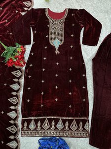 Robe Salwar en velours de viscose pure de style islamique avec col en V et ensemble dupatta pour femmes, vêtements ethniques - Product Image 3