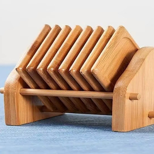 Square Bamboo Coaster Set With Cradle Holder Wooden Drink <b>Mat</b> Heat Resistant Table Protection Kitchen Dining Eco Friendly Decors - Product Image 1