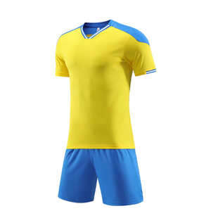 Tenue de football pour homme, jaune et bleue, col en V, manches courtes, kit en polyester respirant, toutes saisons, coupe classique - Product Image 1