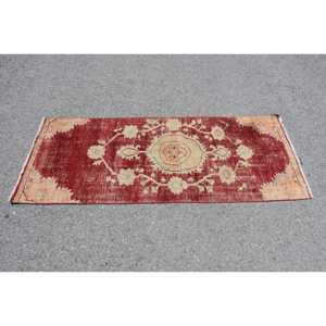 Turkish Rug, 2.7x6.4 ft Vintage Rug, <b>Red</b> White Abstract <b>Wool</b> Rug - Product Image 3