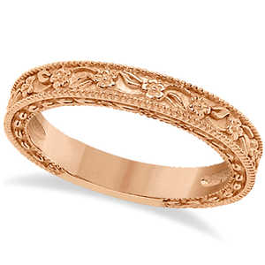 14K Rose Gold <b>Fine</b> <b>Jewelry</b> <b>Set</b> Carved Floral Wedding Engagement Ring & Band - Product Image 4