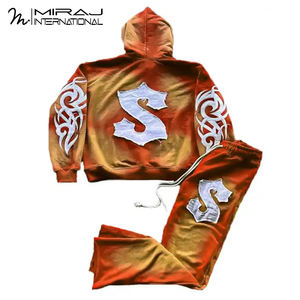 Survêtement évasé en éponge française surdimensionné pantalon de survêtement délavé à l'acide ensembles à capuche grande taille Streetwear avec applique brodée - Product Image 6