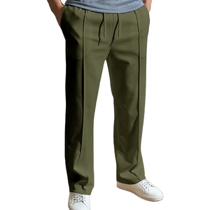 Pantalones Casuales de Color Sólido para Hombre, Corte Recto, Cintura Elástica con Cordón, Pliegues Delanteros, Transpirables, de Algodón, para Primavera - Product Image 1