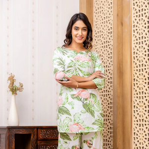 Conjunto de dos piezas de algodón 100% de alta calidad, verde, blanco, estampado abstracto, estilo Kurta, Top con cuello en V y Pantalón recto hasta la rodilla, informal - Product Image 1