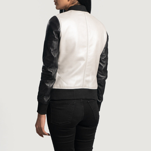 Women's Genuine <b>Leather</b> Bomber <b>Jacket</b> Solid Color Contrast Sleeve Stand Collar Zipper Closure Autumn Wear - Product Image 4
