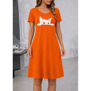 Robe courte en viscose à manches courtes et col rond pour femme, imprimé chat, 37498 - Orange - Product Image 2