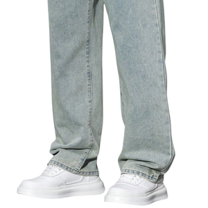 Mens <b>Light</b> Blue Wide Leg Denim Jeans Drawstring Elastic Waist Loose Fit Casual Straight Leg Washed Denim Pants Everyday Wear - Product Image 5