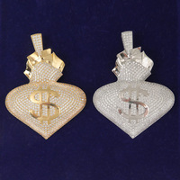 Collier Statement Hip Hop avec Pendentif Cœur Micro Pavé CZ 5A et Grand Sac d'Argent Dollar, en Laiton Doré, Fournisseur OEM de Bijoux en Gros