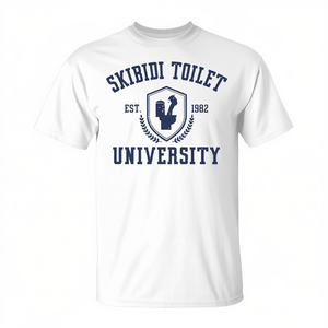 T-shirt Skibidi Toilet University con design meme, bianca, taglia unisex per adulti - Product Image 1