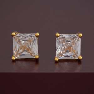 Princess Cut 92.5 <b>Silver</b> <b>Stud</b> <b>Earrings</b> Vintage 14K Gold Plated Geometric Pattern with Diamond for Parties - Product Image 5