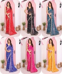 LOOK RICH GEORGETTE RAJWADI BANDHEJ IMPRIMÉ AVEC BRODERIE TRAVAIL SAREE AVEC CHEMISIER NON COUDU VÊTEMENTS DE MARIAGE PRIX DE GROS - Product Image 3