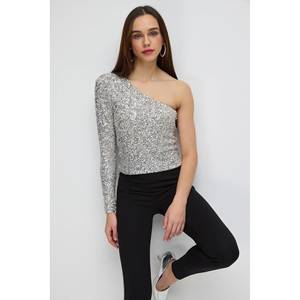 Blusa Elegante para Mujer en Satén, Estilo Casual con Logotipo Frontal, Hombros Descubiertos, Mangas Coloridas, Tops para Damas - Product Image 2