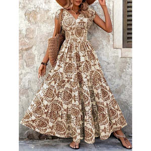 Women's Short-Sleeved Wrap-Around Neckline <b>Elasticated</b> Waist Supreme Maxi <b>Dress</b>, 37495 - Coffee with Milk - Product Image 1