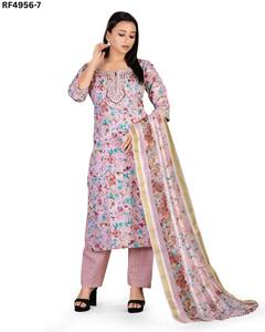 Elegante conjunto de Kurti de algodón con estampado de lámina bordado cuello de viscosa trabajo a juego inferior y Ropa Étnica cosida dupatta fluida - Product Image 5